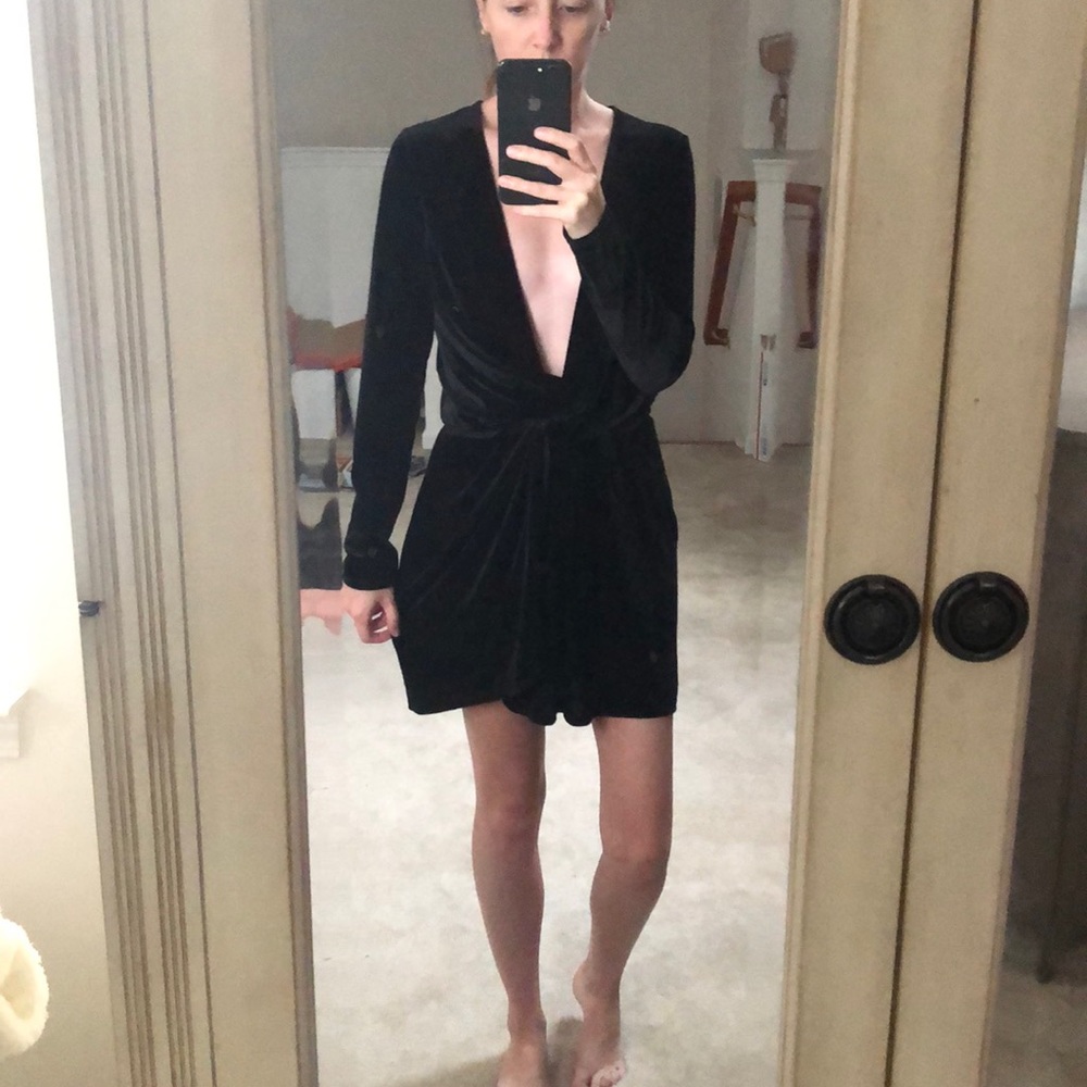 NWT Deep V Knot Front Black Velvet Dress